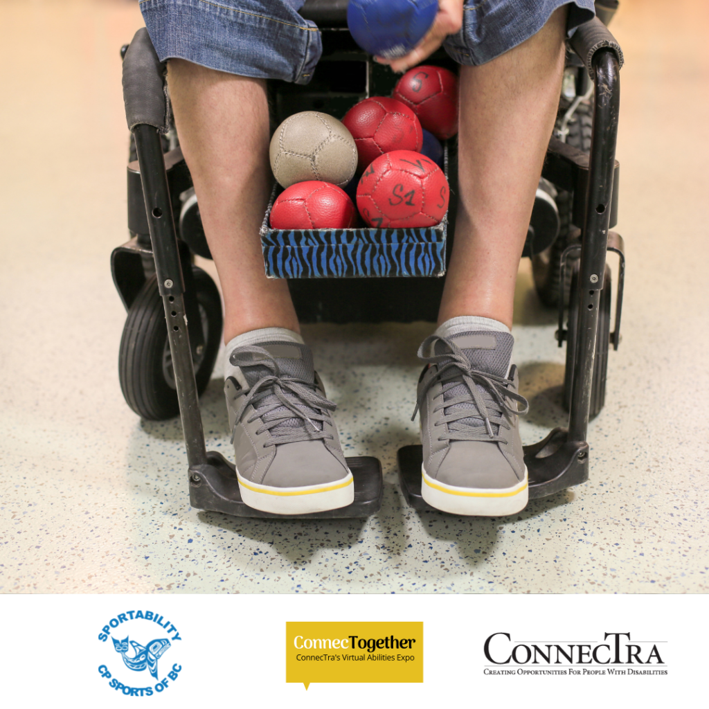 Adaptive botchy ball holder on a wheelchair.